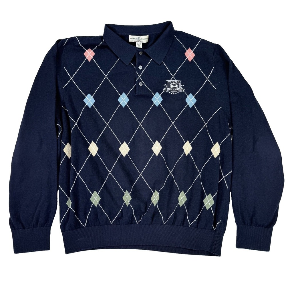 2010 US Open Pebble Beach Fairway & Greene Cashmere Argyle Golf Sweater XXL Blue